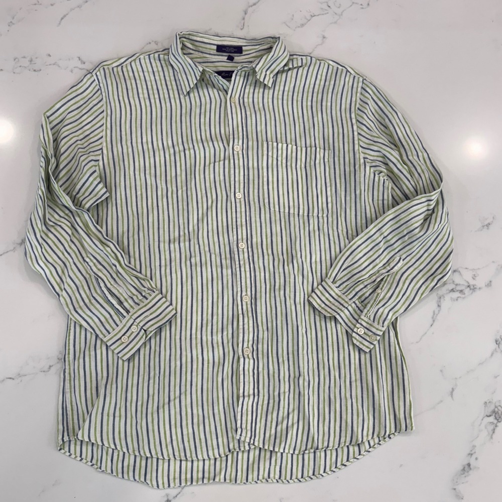 Alan Flusser Linen Button‎ Up Shirt Mens XL Striped Long Sleeve Casual Beach